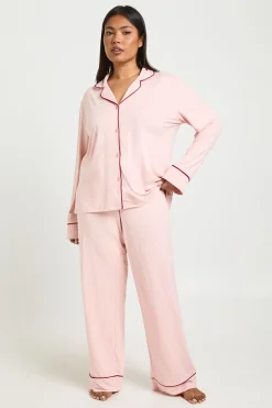 boohoo Ensemble De Pyjama Grande Taille En Jersey Avec Détails Passepoilés, Haut À Manches Longues Et Pantalon<Femme Pyjamas
