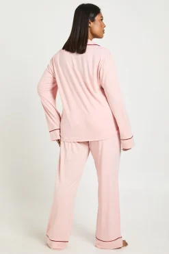 boohoo Ensemble De Pyjama Grande Taille En Jersey Avec Détails Passepoilés, Haut À Manches Longues Et Pantalon<Femme Pyjamas