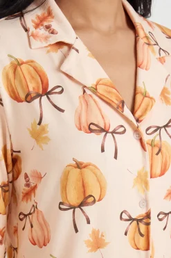 Ensemble De Pyjama À Manches Longues Et Pantalon Imprimé Citrouilles Et Nœuds Automnaux