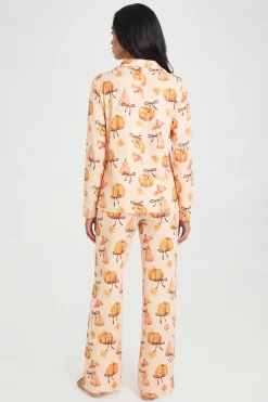 Ensemble De Pyjama À Manches Longues Et Pantalon Imprimé Citrouilles Et Nœuds Automnaux