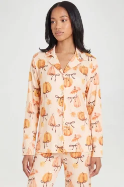 Ensemble De Pyjama À Manches Longues Et Pantalon Imprimé Citrouilles Et Nœuds Automnaux