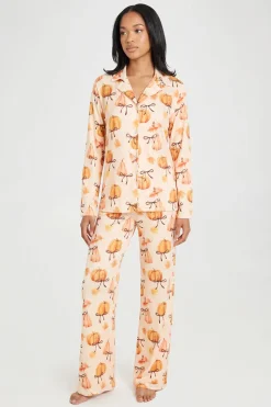 Ensemble De Pyjama À Manches Longues Et Pantalon Imprimé Citrouilles Et Nœuds Automnaux