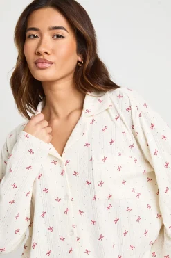 boohoo Ensemble De Pyjama À Manches Longues Chemise Et Pantalon En Pointelle À Imprimé Nœuds<Femme Pyjamas