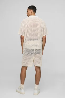 Ensemble de short polo en tricot à coupe boxy, avec point ouvert, rayures et encolure boutonnée