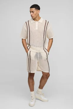 Ensemble de short polo en tricot à coupe boxy, avec point ouvert, rayures et encolure boutonnée