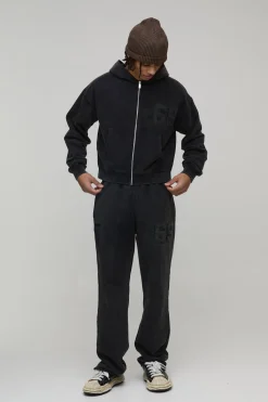 boohooMAN Ensemble De Survêtement À Casynthétiqueche Zippé Coupe Ajustée Avec Appliqués Effet Délavé Vieilli<Homme Survêtements
