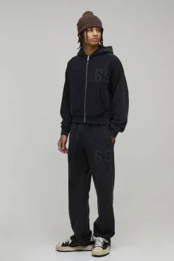 boohooMAN Ensemble De Survêtement À Casynthétiqueche Zippé Coupe Ajustée Avec Appliqués Effet Délavé Vieilli<Homme Survêtements