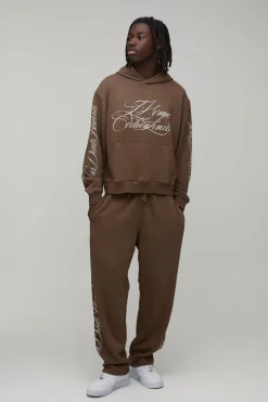 Ensemble De Survêtement À Casynthétiqueche Oversize Boxy Avec Inscription Effet Délavé En Molleton Bouclette