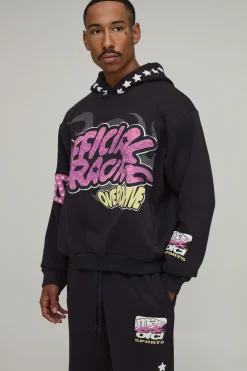 Ensemble De Survêtement À Casynthétiqueche Oversize Ample Avec Imprimé Moto Graphique En Relief