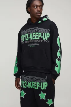 boohooMAN Ensemble De Survêtement À Casynthétiqueche Oversize Avec Imprimé Bouffant Flamme Étoile Slogan<Homme Survêtements Grande Taille|Tout Afficher