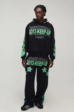 boohooMAN Ensemble De Survêtement À Casynthétiqueche Oversize Avec Imprimé Bouffant Flamme Étoile Slogan<Homme Survêtements Grande Taille|Tout Afficher