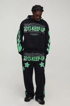 boohooMAN Ensemble De Survêtement À Casynthétiqueche Oversize Avec Imprimé Bouffant Flamme Étoile Slogan<Homme Survêtements Grande Taille|Tout Afficher