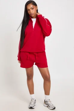 Ensemble De Survêtement Court Sweat À Demi-zip Avec Détails De Passepoil