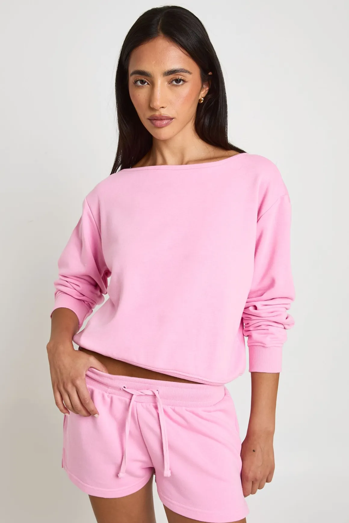 Ensemble De Survêtement Court Sweat Épaules Dénudées En Molleton Bouclette Doux