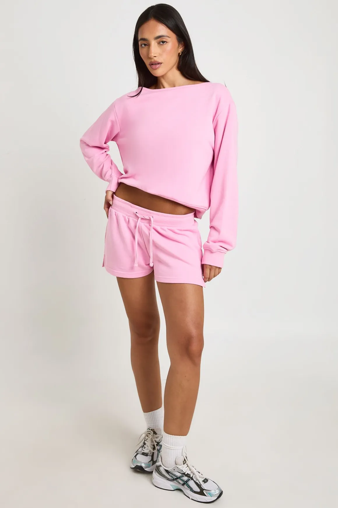 Ensemble De Survêtement Court Sweat Épaules Dénudées En Molleton Bouclette Doux