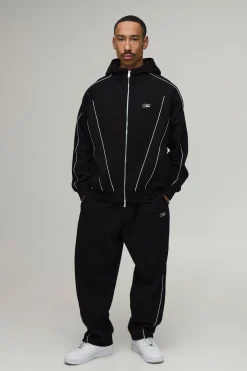 Ensemble De Survêtement Hoodie Surdimensionné À Fermeture Éclair Avec Passepoil Et Pantalon De Jogging Ample