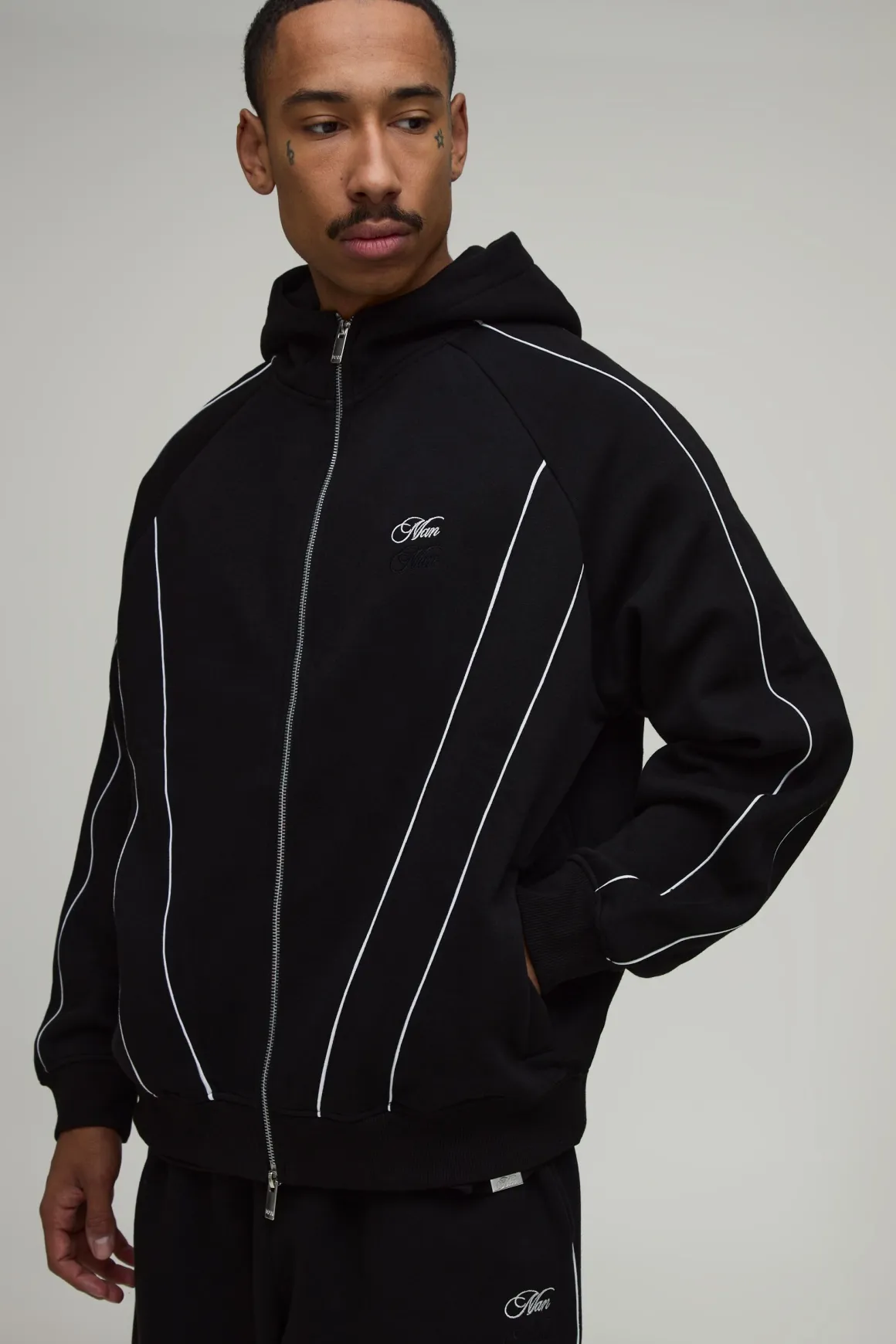 Ensemble De Survêtement Hoodie Surdimensionné À Fermeture Éclair Avec Passepoil Et Pantalon De Jogging Ample