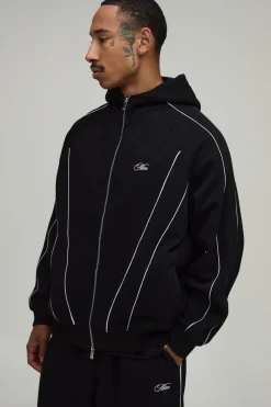 Ensemble De Survêtement Hoodie Surdimensionné À Fermeture Éclair Avec Passepoil Et Pantalon De Jogging Ample