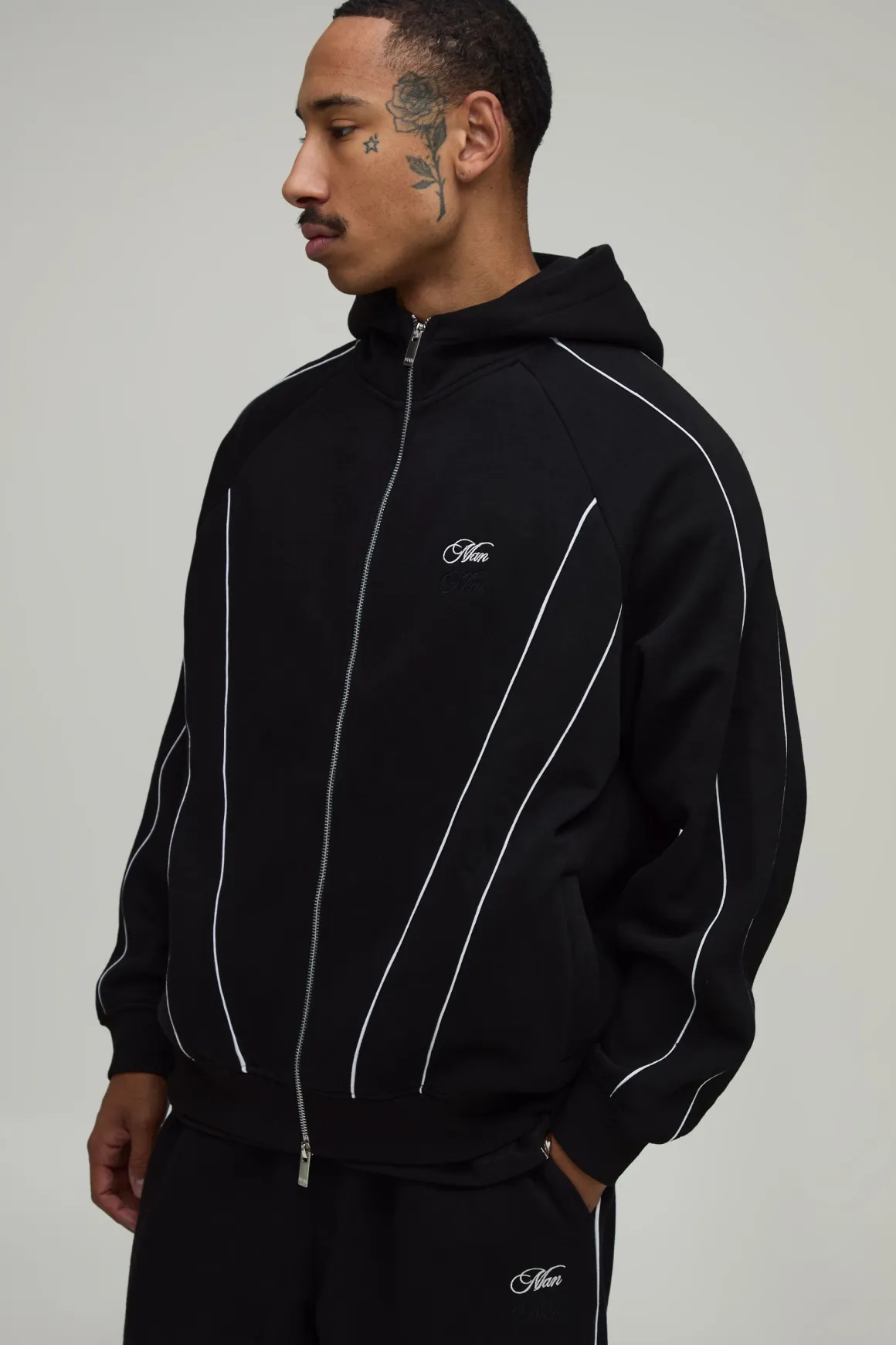 Ensemble De Survêtement Hoodie Surdimensionné À Fermeture Éclair Avec Passepoil Et Pantalon De Jogging Ample