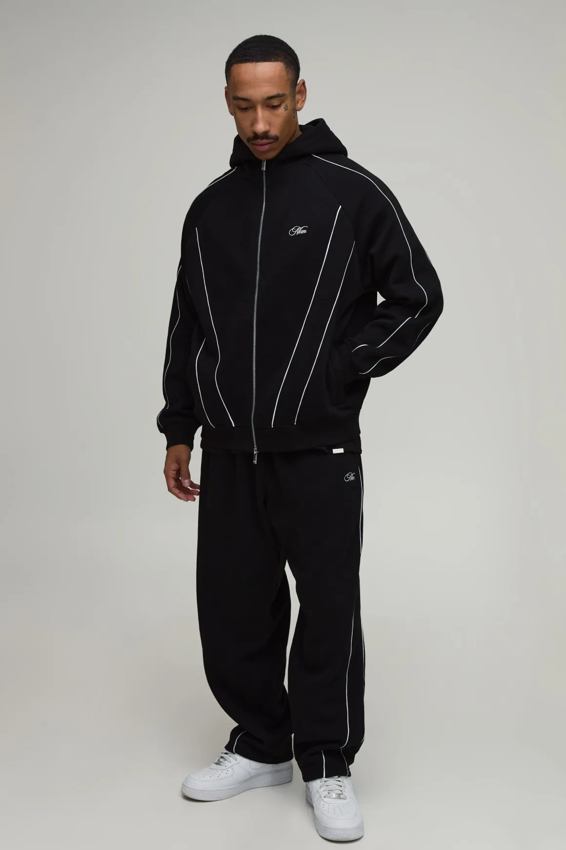 Ensemble De Survêtement Hoodie Surdimensionné À Fermeture Éclair Avec Passepoil Et Pantalon De Jogging Ample