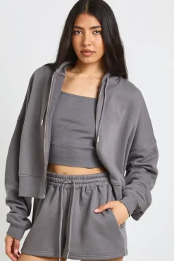 Ensemble De Survêtement 3 Pièces Grande Taille Avec Ourlet Profond, Veste Zippée Courte Et Short