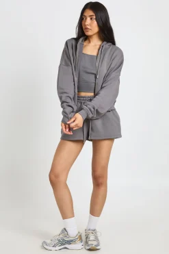 Ensemble De Survêtement 3 Pièces Grande Taille Avec Ourlet Profond, Veste Zippée Courte Et Short