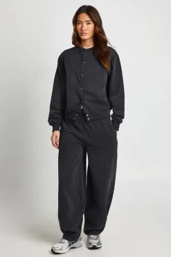 Ensemble de Survêtement Sweat Bomber à Pressions Délavé et Pantalon Jambes Évasées