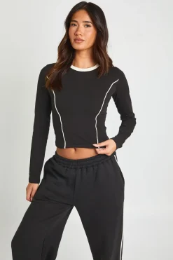Ensemble De Survêtement T-shirt Manches Longues À Passepoil Contrasté Et Jogging Jambe Droite