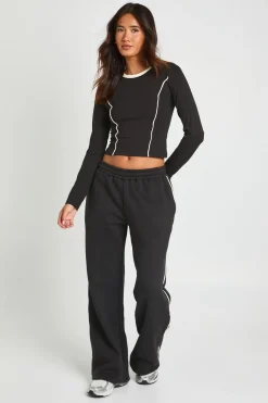 Ensemble De Survêtement T-shirt Manches Longues À Passepoil Contrasté Et Jogging Jambe Droite