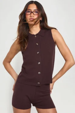 boohoo Ensemble Gilet Sans Manches À Col Et Short En Maille<Femme Looks Chocolat|Pulls Et Gilets
