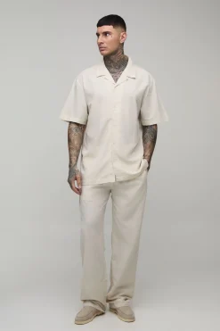 Ensemble Grande Taille Chemise Oversize Et Pantalon Décontracté En Mélange De Lin De Vacances