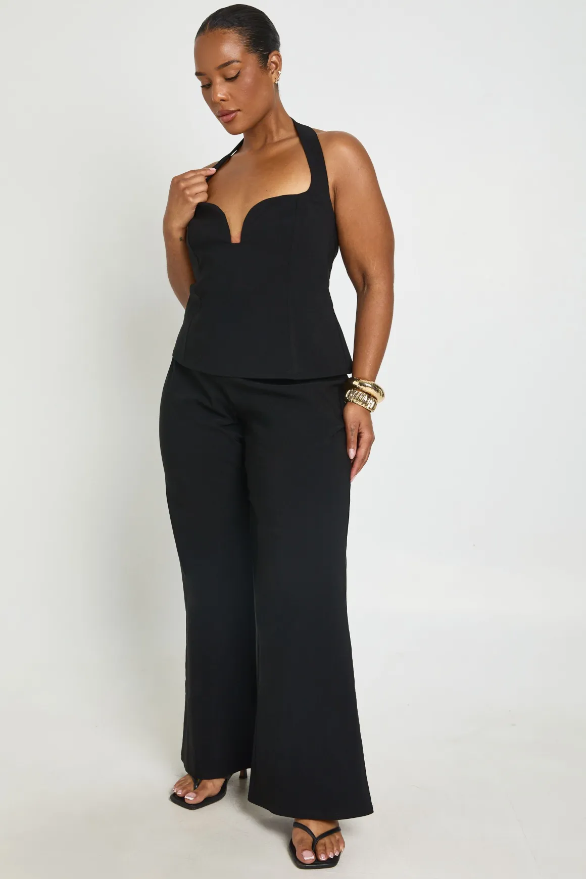 Ensemble Grande Taille Corset Dos Nu À Découpe Et Pantalon Évasé En Bengaline
