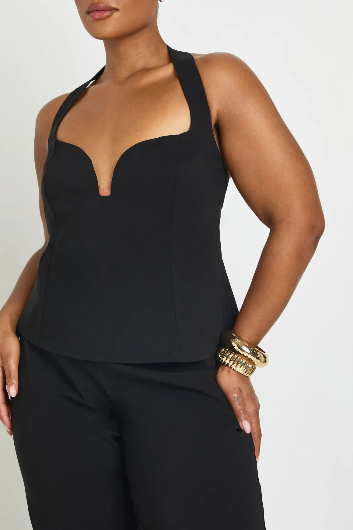 Ensemble Grande Taille Corset Dos Nu À Découpe Et Pantalon Évasé En Bengaline