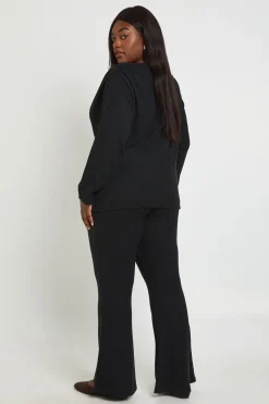 Ensemble Grande Taille Côtes Brossées Haut À Détail Froncé Aux Épaules Et Pantalon Large