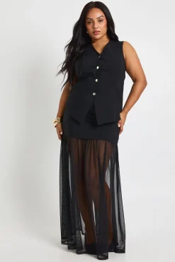 Ensemble Grande Taille Gilet À Boutons Dorés Et Jupe Avec Insert En Mesh