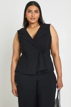 Ensemble Grande Taille Gilet Cache-cœur Col V En Bengaline Et Pantalon Large