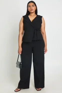 Ensemble Grande Taille Gilet Cache-cœur Col V En Bengaline Et Pantalon Large