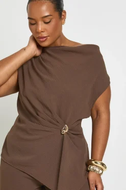 Ensemble Grande Taille Haut Asymétrique Martelé Bordure Dorée & Pantalon Large Assorti