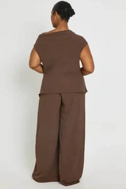 Ensemble Grande Taille Haut Asymétrique Martelé Bordure Dorée & Pantalon Large Assorti