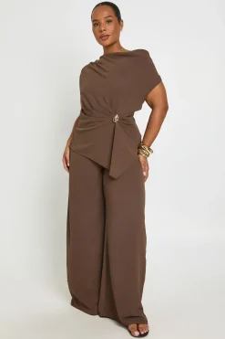 Ensemble Grande Taille Haut Asymétrique Martelé Bordure Dorée & Pantalon Large Assorti