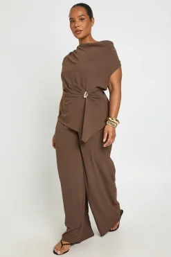 Ensemble Grande Taille Haut Asymétrique Martelé Bordure Dorée & Pantalon Large Assorti