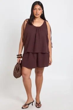 Ensemble Grande Taille Haut Caraco Et Short En Gaze De Coton Avec Liens