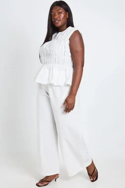 Ensemble Grande Taille Haut Col Montant Froncé Et Pantalon Jambes Larges