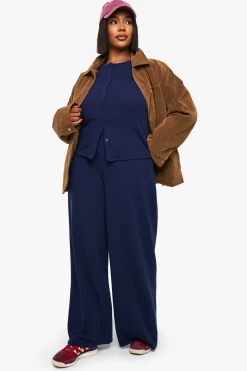 boohoo Ensemble Grande Taille Haut Côtelé Froissé À Manches Courtes Avec Boutons Et Pantalon<Femme Ensembles