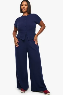 boohoo Ensemble Grande Taille Haut Côtelé Froissé À Manches Courtes Avec Boutons Et Pantalon<Femme Ensembles