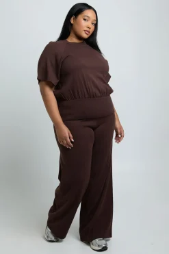 Ensemble Grande Taille Haut En Maille Oversize Taille Cintrée Et Pantalon Large Assorti