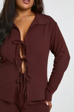 Ensemble Grande Taille Haut à Manches Longues avec Détail Nœud Devant et Pantalon Large