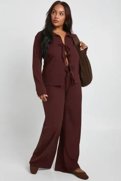 Ensemble Grande Taille Haut à Manches Longues avec Détail Nœud Devant et Pantalon Large