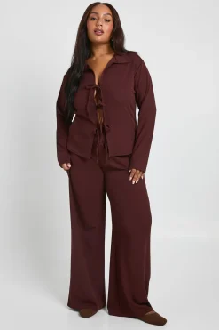 Ensemble Grande Taille Haut à Manches Longues avec Détail Nœud Devant et Pantalon Large