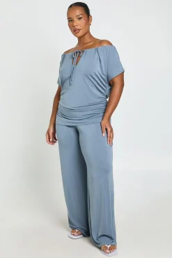 Ensemble Grande Taille Haut Épaules Dénudées Avec Détail Nœud Et Pantalon Large En Modal